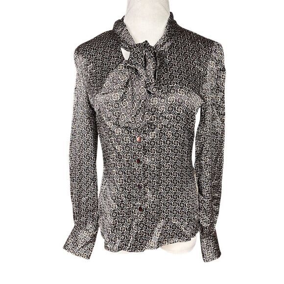 Tahari Women's M Black Silk Geometric Bow Tie Neck Blouse Long Sleeve - Picture 1 of 9